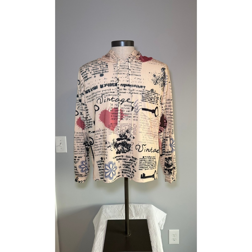 Vintage Graphic Hoodie Cream Pink Heart Blue Flower Key